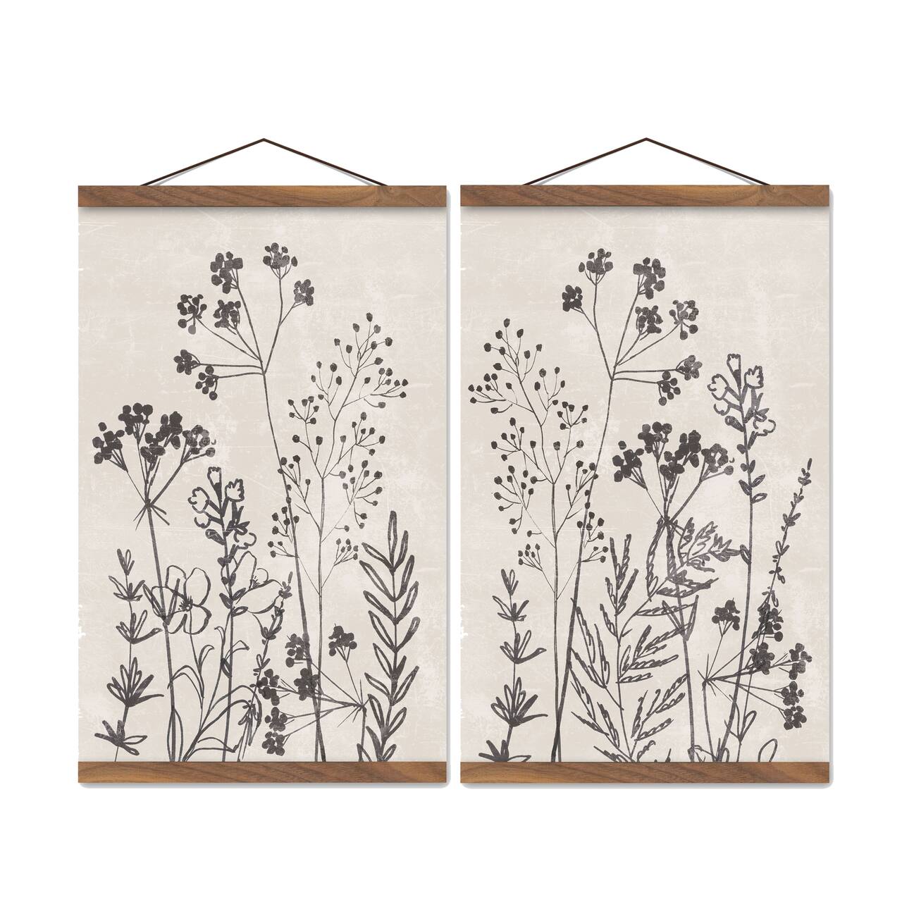 Sketched Florals 12" x 18" Teak Hanging Canvas - Set of 2
